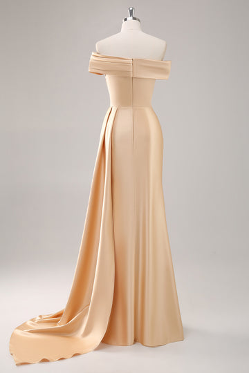 Champagne Sheath One Shoulder Pleated Long Formal Dress with Side Streamer
